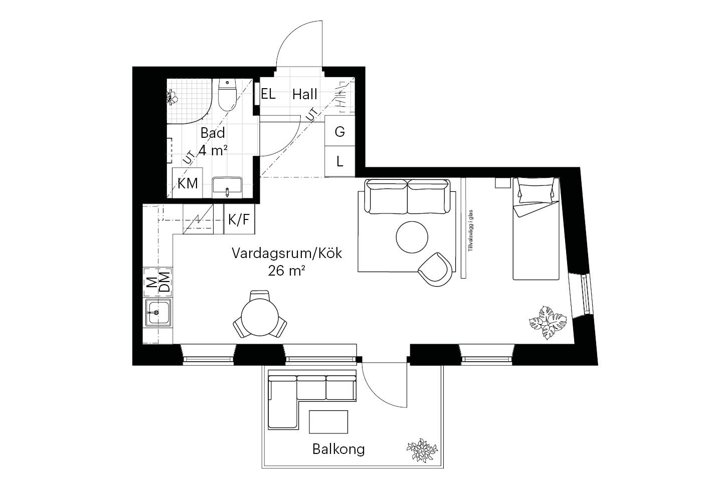 Bild på planlösning föreställande 1,5 rum och kök i Korallen. Korallen är nyproducerade bostadsrätter i Frölunda utvecklat av Balder.